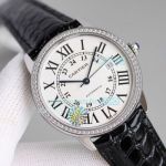 Swiss Replica Cartier Ronde de Cartier Stainless Steel Watch Case White Dial Black Leather Strap Diamonds Bezel 42mm